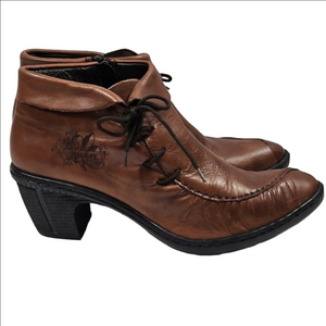 Rieker Antistress Rebecca Brown Leather Side Zip Lace Up Block Heel Ankle Bootie